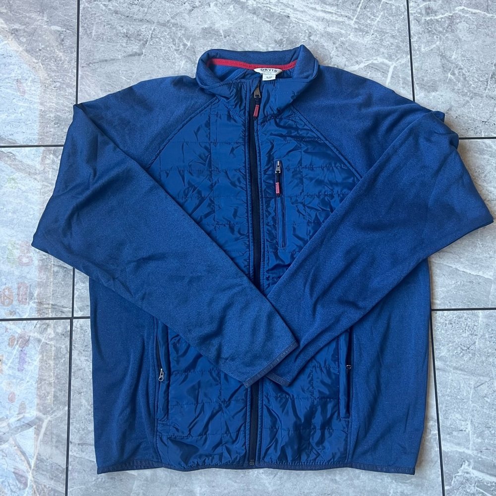 Orvis Men’s Blue Long Sleeve Jacket Mock Neck Full Zip Windbreaker, Logo Size XL